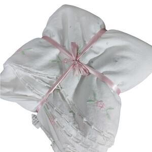 GORGEOUS PINK, GREEN EMBROIDERED & CROCHET "OPEN PANE" WHITE SHOWER CURTAIN!